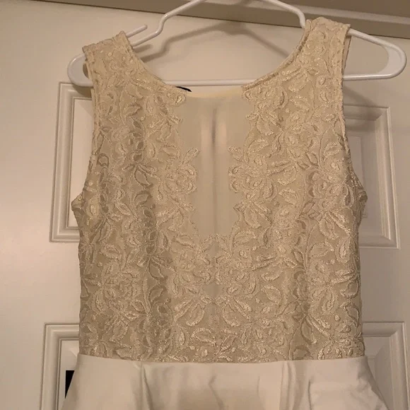Cream white lace peplum dress with gold lace top. - Picture 3 of 7